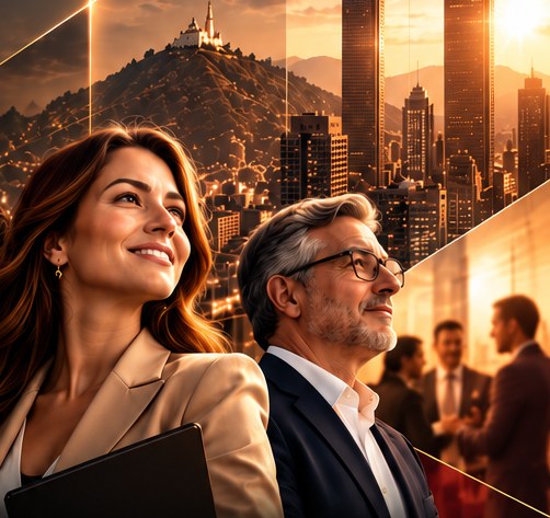 Profesionales del sector inmobiliario frente al skyline de Bogotá y Monserrate al atardecer